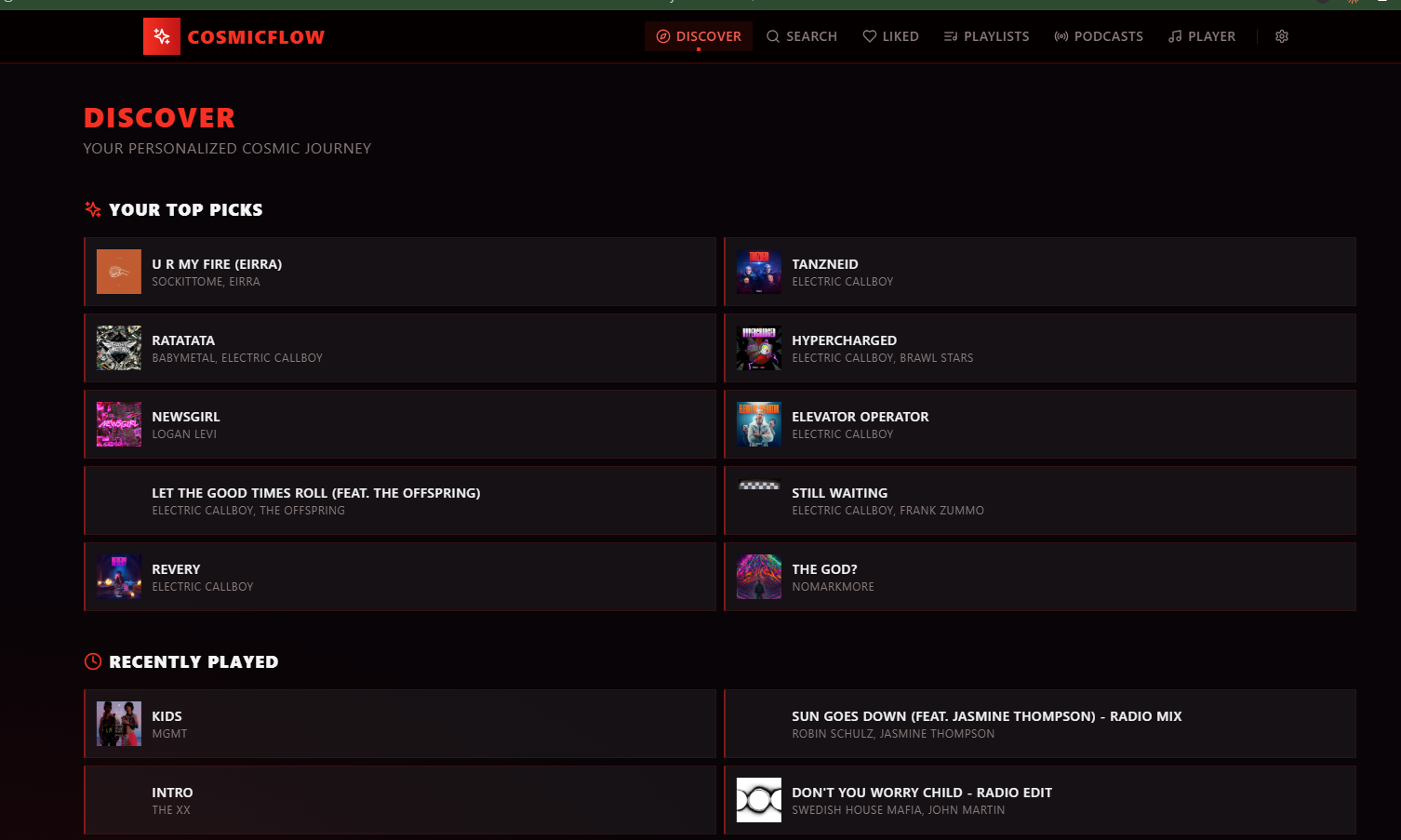 CosmicFlow — the Discover screen with personalised top picks and recently played.