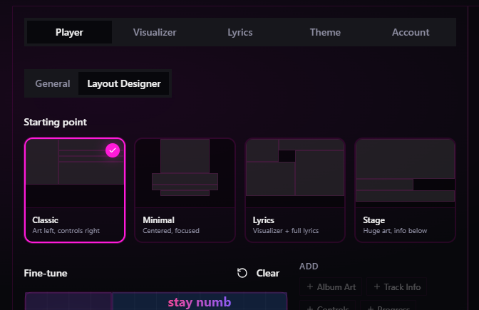 CosmicFlow — the layout designer for arranging the player.