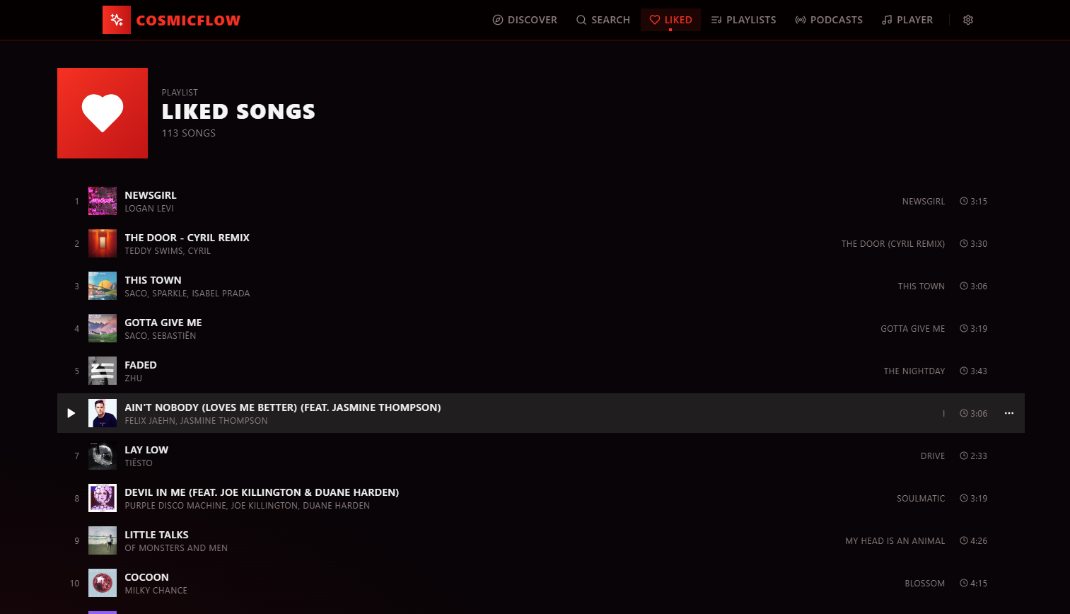 CosmicFlow — the Liked Songs library.