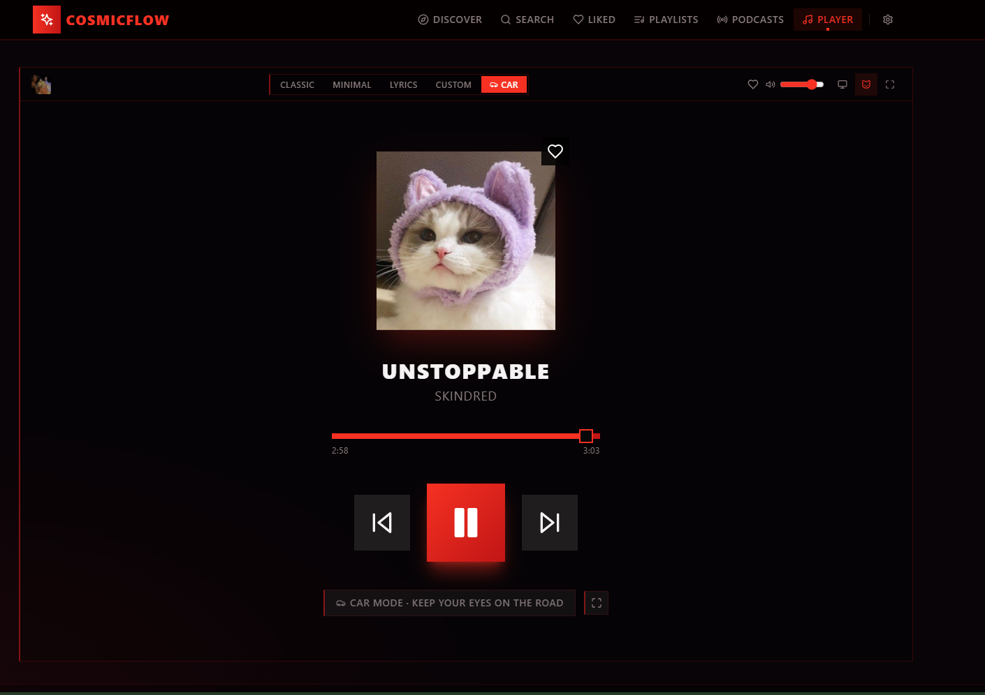 CosmicFlow — Cat Mode, with the album art replaced by a random cat.