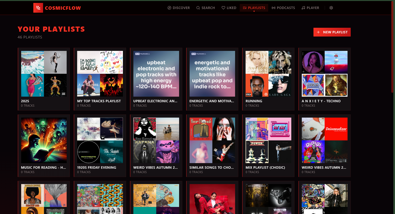 CosmicFlow — the playlists grid.