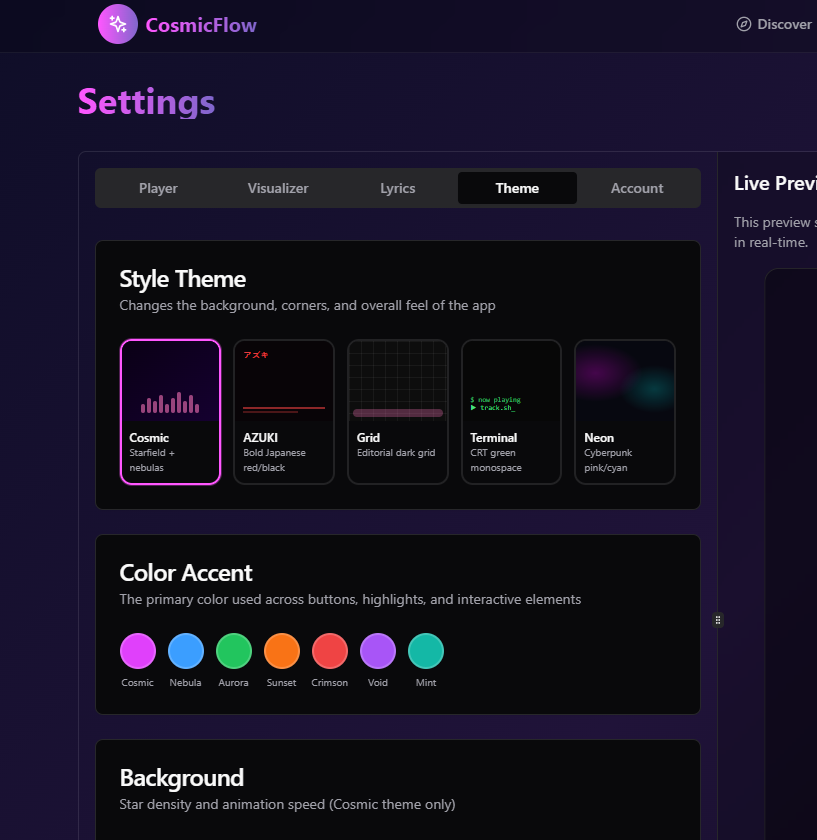 CosmicFlow — the theme editor with style, accent and background controls and a live preview.
