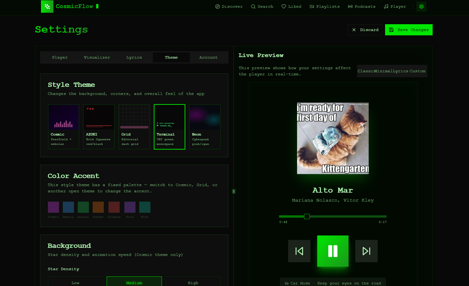 CosmicFlow — the interface reskinned by a different theme variant.
